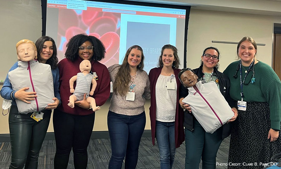 Resident volunteers for the University of Rochester’s Young Scientists Program include, L to R: Charlotte Blumrosen, MD, Nneka Ogbutor, MD, Shannon Moyer, MD, Clare Park, DO, Irene Martinez, MD, Rebekah Roll, MD
