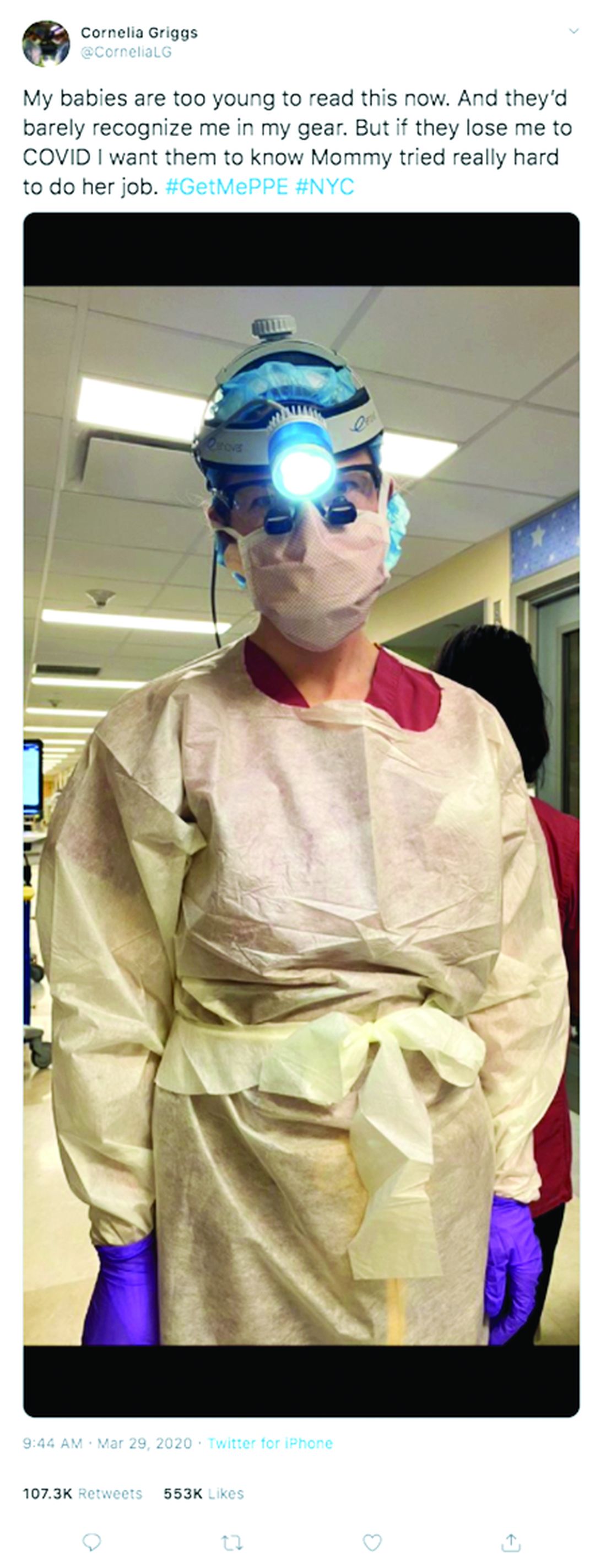 A tweet by Dr. Cornelia Griggs includes a photo of her in protective hospital gear.