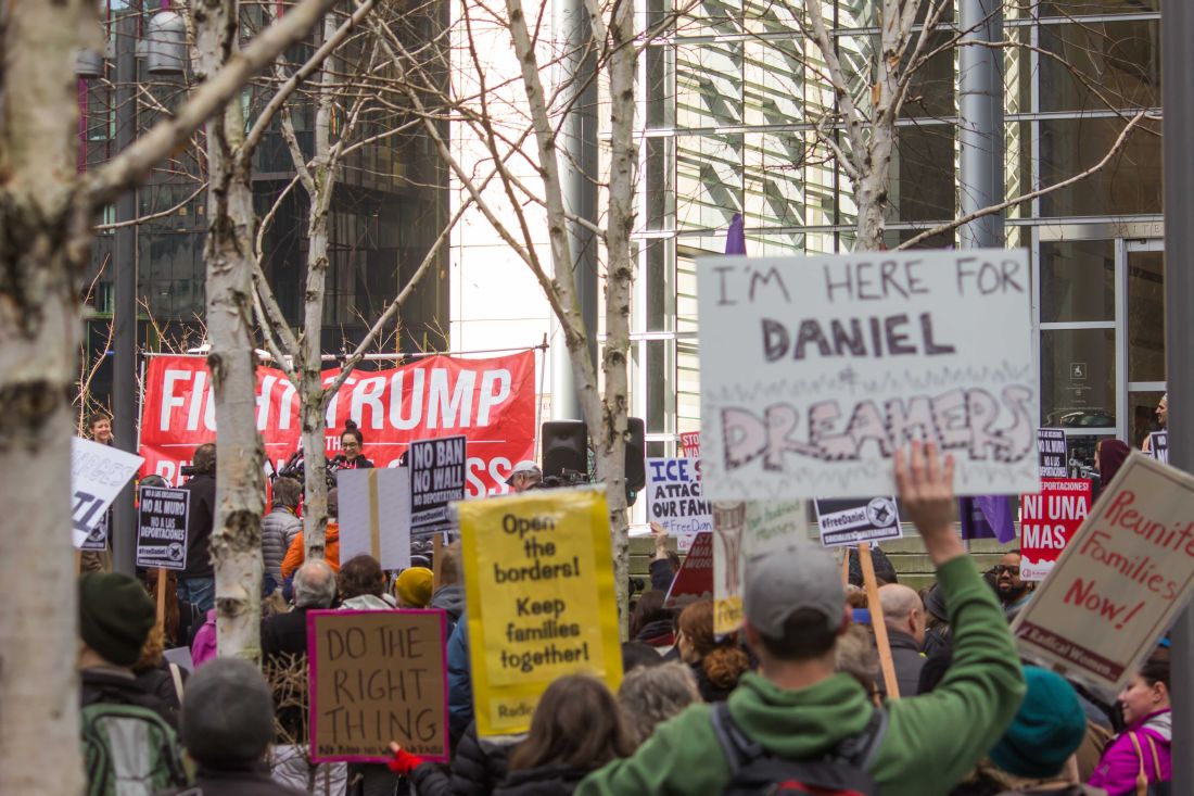 A group of protestors at a February 15, 2017 rally outside a DACA conference at Federal Courthoue in Seattle, Washington.