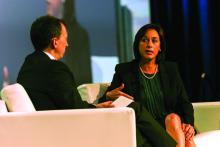 Dr. Brian Harte conducts an interveiw with Dr. Karen DeSalvo duing the opening plenary Tuesday at HM17.