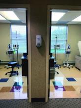 Dr. Parian and her infusion nurse manager Elisheva Weiser converted one of their two outpatient GI centers into an infusion-only suite with 12 individual clinic rooms. This photo shows the entrance to two separate clinic rooms.