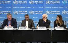 Officials participate in a press conference following the second meeting of the Emergency Committee convened by the WHO Director-General. January 30, 2020.