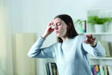 Dizzy woman suffering vertigo attack at home.