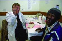 Dr. Philip Berger, leader of the first OHAfrica team on the ground in Lesotho, enjoys a joke with a patient who experienced a tremendous improvement in health since starting antiretroviral drug therapy. An experienced HIV physician, Dr. Berger is the chief of the Department of Family and Community Medicine and the medical director of the Inner City Health Program at St. Michael's Hospital in Toronto, Ontario, Canada. He spent seven months working at the Tsepong Clinic in 2005.