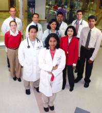 The 10 SNHMC hospitalists (left to right): back row: Matthew Brier, MD, MPH, Bernard Kim, MD, Ajay Nanvati, MD, Stewart Fulton, DO. Third row: Susan Alicia Hilburn, MD, Ashima Handa, MD, Ashwin Swami, MD. Second row: Joohahn John Kim, MD, Amena Nazeer, MD. Front: Suneetha Kamilla, MD