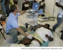 Dr. Crocker uses a portable ultrasound machine to check out a patient at Clinique Bon Saveur, a hospital in the town of Cange, about two hours northeast of Port-au-Prince.