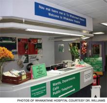 The front desk at 100-bed Whakatane District Hospital. The main entrance signage is in English and the indigenous language, Te Reo Maori. Both are “official” languages.