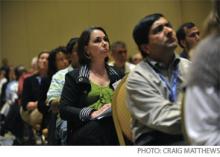 Dr. Jacquelin Holubka of St. Barnabas Medical Center in Morristown, N.J., listens during a special interest forum at HM10.