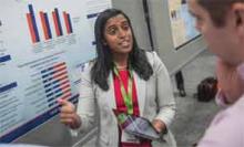 Lekshmi Santhosh, MD, of the University of California at San Francisco, describes her HM14 poster.