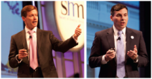 LEFT: Peter J. Pronovost, MD, PhD, FCCM, kicks off the speaker series with his presentation about the quality in healthcare during Day 2 of HM15.   RIGHT: Society of Hospital Medicine incoming President Robert Harrington, Jr., MD, SFHM, talks about the importance of diversity at HM15.