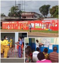 Left: Typical Ebola educational mural in Monrovia, Liberia. Inset: Left; Dr. Phuoc Le doffing personal protective equipment at CDC Ebola training in Atlanta prior to departure. Right; Rural Liberian healthcare workers doing exercises as part of hospitalist-led Ebola trainings.